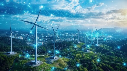 Poster - Futuristic High-Tech Wind Turbines with Advanced Battery Storage System in Urban Landscape