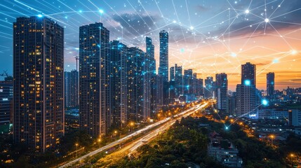 Poster - Futuristic High-Tech Smart City with Innovative Architecture and Network Connectivity at Sunset