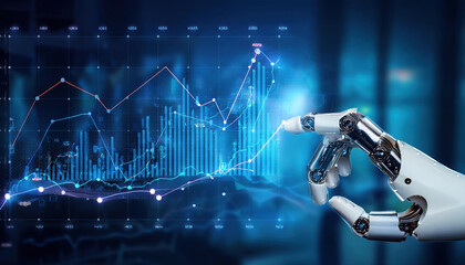 Poster - robotic arm analyzing financial graphs, symbolizing AI driven automation and technology in finance. image captures essence of innovation and data analysis
