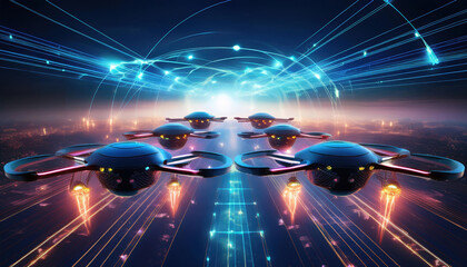 Poster - Autonomous drones flying in formation with glowing data streams connecting them, showcasing advanced AI automation technology in futuristic setting