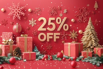 Fototapete - Festive shopping is occurring in this 3D winter scene consisting of snowflakes and presents over red setting with the words 25% OFF written in solid golden signs and space, Generative AI.