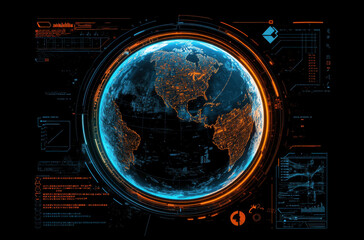 Poster - An intricate depiction of Earth from space, showcasing illuminated cities and geographical features. Digital interfaces overlay the planet, presenting data analytics and visual inputs.