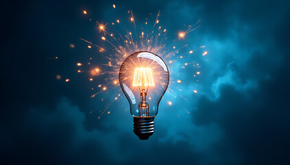 Poster - Ideas, inspiration concepts explode with vibrant sparkles and a shining light bulb against a bright blue energetic backdrop._00002_