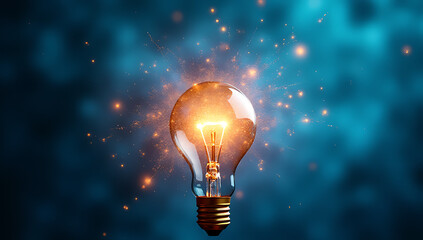 Poster - Ideas, inspiration concepts explode with vibrant sparkles and a shining light bulb against a bright blue energetic backdrop._00004_
