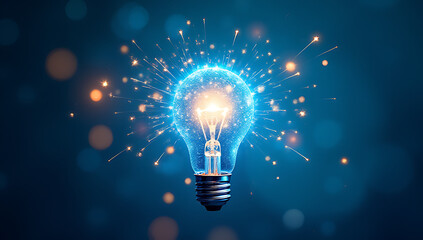Poster - Ideas, inspiration concepts explode with vibrant sparkles and a shining light bulb against a bright blue energetic backdrop._00001_