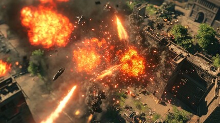 Canvas Print - Fiery explosions devastate city; aerial combat ensues.