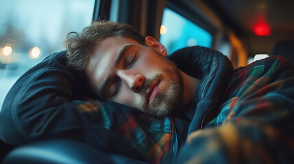 Young man resting peacefully in a bus during evening travels with city lights softly glowing in the background. Generative AI