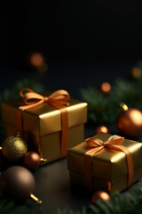 Aufkleber - Golden gift boxes and ornaments adorn a dark background amidst festive Christmas and xmas celebration concepts._00003_