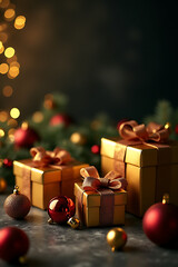 Aufkleber - Golden gift boxes and ornaments adorn a dark background amidst festive Christmas and xmas celebration concepts._00004_
