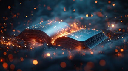 Poster - Open Magic Book Surrounded by Glowing Abstract Lights, Creating an Enchanting and Mystical Fantasy Concept 