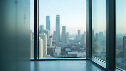 Poster - Glass walls blur into a cityscape background creating a modern abstract window effect in photographs._00004_