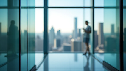 Poster - Glass walls blur into a cityscape background creating a modern abstract window effect in photographs._00002_