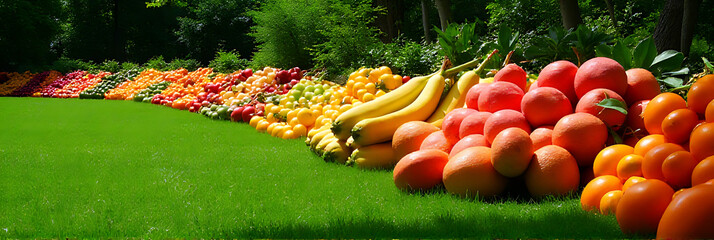 Poster - Fruits are arranged in a colorful and vibrant display on a large expanse of lush green grassy area outside._00004_