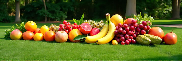Poster - Fruits are arranged in a colorful and vibrant display on a large expanse of lush green grassy area outside._00003_