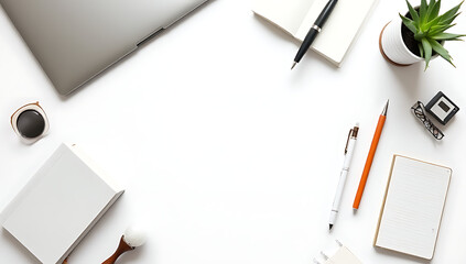 Aufkleber - Flat lay design features business ideas with a top view of a digital device and work tools on a clean white background fostering creativity._00003_