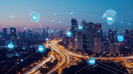 Poster - Smart City Concept with Connected Public Spaces and Advanced Technology in Urban Environment at Dusk
