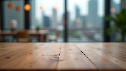 Aufkleber - End grain wood table features a blurred cityscape view through window glass as the selective focus highlights the top detail._00001_