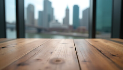 Aufkleber - End grain wood table features a blurred cityscape view through window glass as the selective focus highlights the top detail._00002_