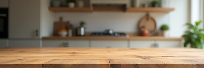 Poster - End grain wood counter features a blurred kitchen background for creative product photography and design montages showcasing tabletop details._00003_