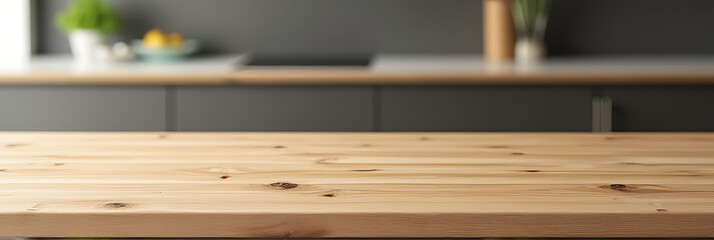 Poster - End grain wood counter features a blurred kitchen background for creative product photography and design montages showcasing tabletop details._00002_