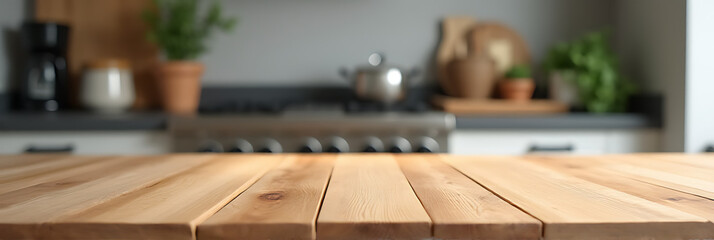 Poster - End grain wood counter features a blurred kitchen background for creative product photography and design montages showcasing tabletop details._00001_