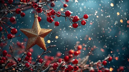 Aufkleber - White snow is covering the ground and a dazzling star is sticking out from a winterberry tree over the night sky setting and space, Generative AI.