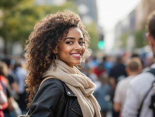 Aufkleber - Woman with curly hair and a warm smile.