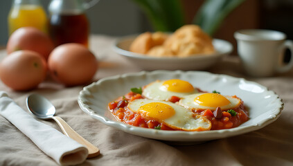 Poster - Cooking breakfast foods or baked goods on a tablecloth with ingredients and an empty plate in selective focus._00003_
