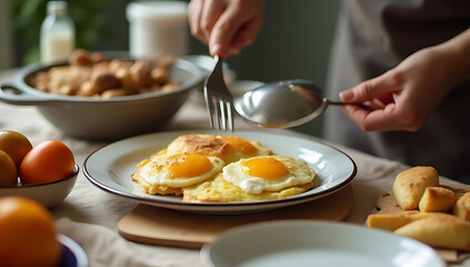 Poster - Cooking breakfast foods or baked goods on a tablecloth with ingredients and an empty plate in selective focus._00002_