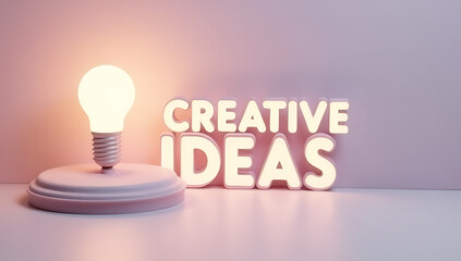 Poster - Concepts of creative ideas with bright text and a lamp on a soft pastel colored background are visually appealing._00002_
