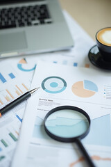 Aufkleber - Concepts of business vision and analysis are placed on a desk with a magnifying glass and empty space nearby._00004_