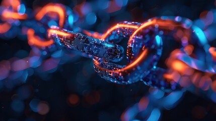 Poster - Glowing digital chain links interconnected, symbolizing blockchain technology and secure data transmission in a futuristic network visualization with big data flowing through the network