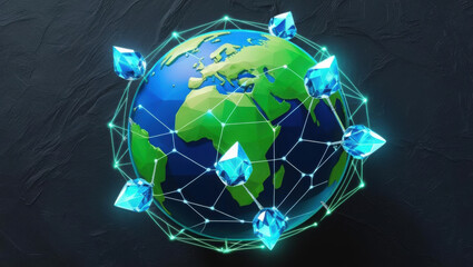 Poster - conceptual illustration of digital globe with interconnected data nodes and glowing crystals symbolizing AI driven global systems, showcasing innovation and connectivity