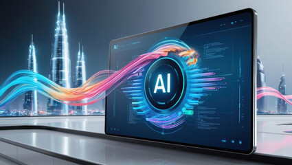 Poster - digital interface displaying AI algorithm with vibrant data streams and futuristic cityscape in background, creating sense of innovation and technology