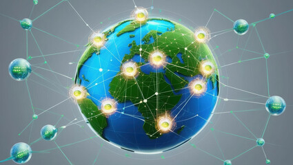 Poster - conceptual illustration of digital globe with interconnected data nodes and glowing icons symbolizing AI driven global systems, showcasing innovation and connectivity