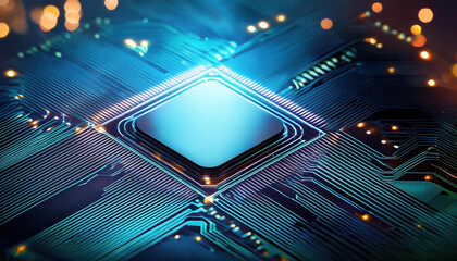 Poster - close up of glowing AI chip on sleek motherboard, showcasing intricate circuit designs and vibrant colors, creating futuristic and technological atmosphere
