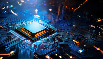 Poster - close up of glowing AI chip on sleek motherboard, showcasing intricate circuits and vibrant colors, highlighting advanced technology and innovation