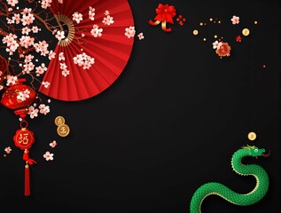 Aufkleber - A vibrant display of Chinese New Year decorations, featuring a striking red fan and delicate cherry blossoms.