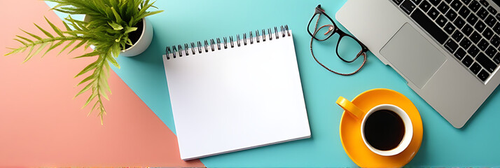 Poster - Brainstorming creative concepts with a notepad, coffee, and laptop on a colorful background in a flat lay setup._00001_