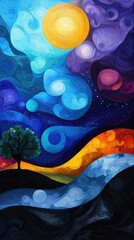 Wall Mural - A painting of a sky with a tree in the foreground