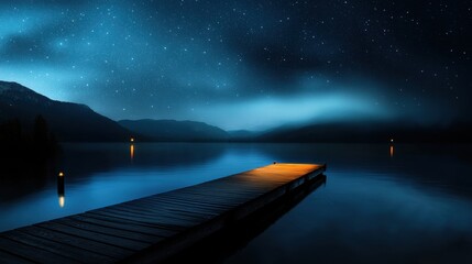 Wall Mural - A dock is lit up by a few candles and the water is calm
