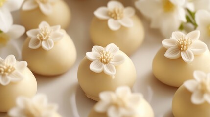 Aufkleber - Traditional marzipan potatoes decorated with edible flowers on a decorative plate showcasing culinary artistry and confectionery delight.