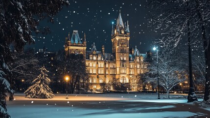 Aufkleber - Illuminated historic building in winter landscape with snowflakes and trees at night showcasing architectural beauty and serene atmosphere