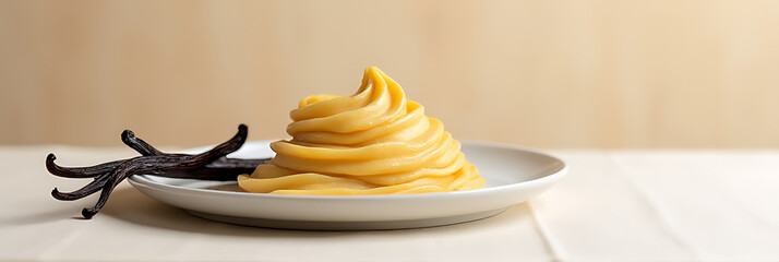 Poster - Aromatic vanilla food presentation on a clean white plate set against a plain neutral colored tablecloth backdrop._00004_