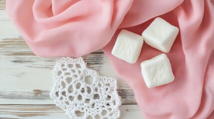 Aufkleber - Marshmallows on a light wooden table with pink fabric and a crochet doily in a top view arrangement for culinary and decor themes