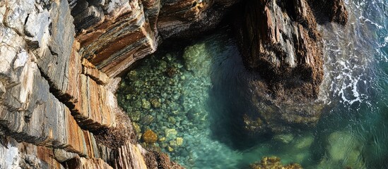 Poster - Scenic cliff inlet revealing clear turquoise water and rocky formations in a coastal landscape.