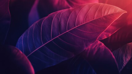 Poster - Vibrant backlit leaves creating a stunning abstract background in shades of purple and pink for modern nature-inspired designs