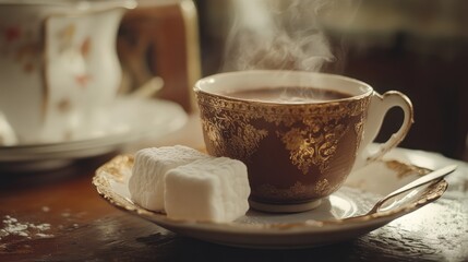 Poster - Vintage hot chocolate served in ornate cup with steaming marshmallows on elegant plate creating a cozy, nostalgic atmosphere