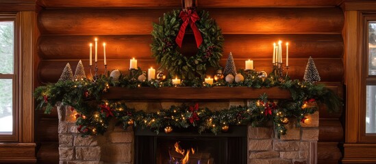 Aufkleber - Cozy Christmas fireplace in a rustic log cabin adorned with festive decorations candles wreath and holiday ornaments