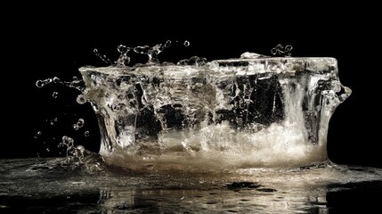 Poster - Dynamic Ice Splash with Water Droplets Captured in High Detail against a Black Background for Artistic and Creative Use